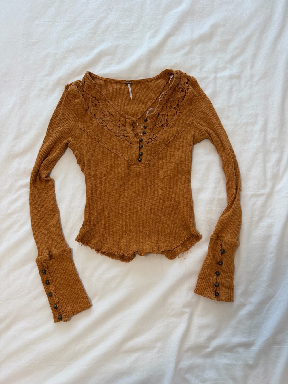 Free People Thermal Henley - Lace Trim Waffle Knit Top XS